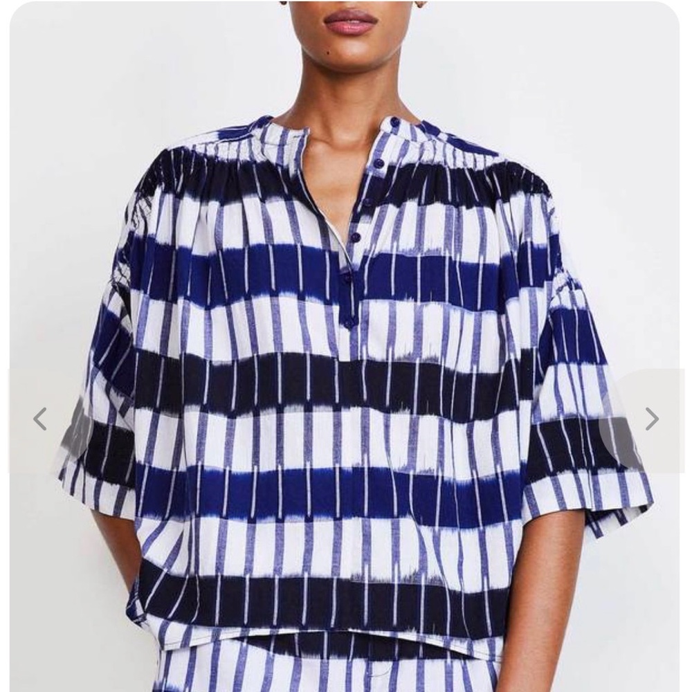NWOT Apiece Apart shirred mission short sleeve top, in blue ikat, size xs